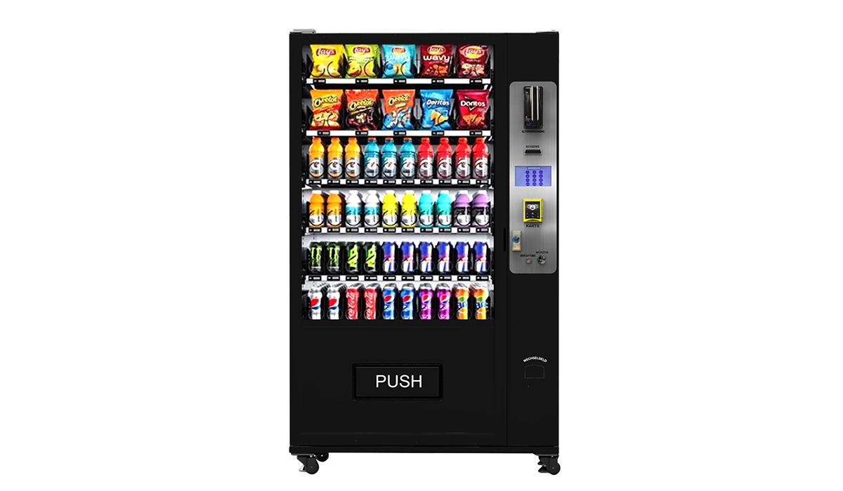 Mini distributeur automatique pour snacks dans boutique de quartier.