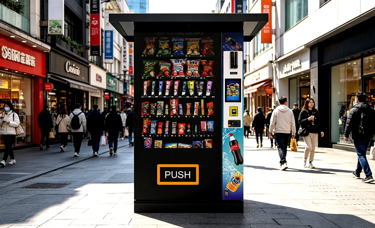 Distributeur boissons fraîches pour station-service avec paiement sans contact.